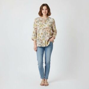 Nicole Miller New York Womens 1X Linen Floral Button Front Long Sleeve Top Tunic